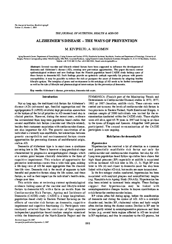 (PDF) Alzheimer’s disease — The ways of prevention