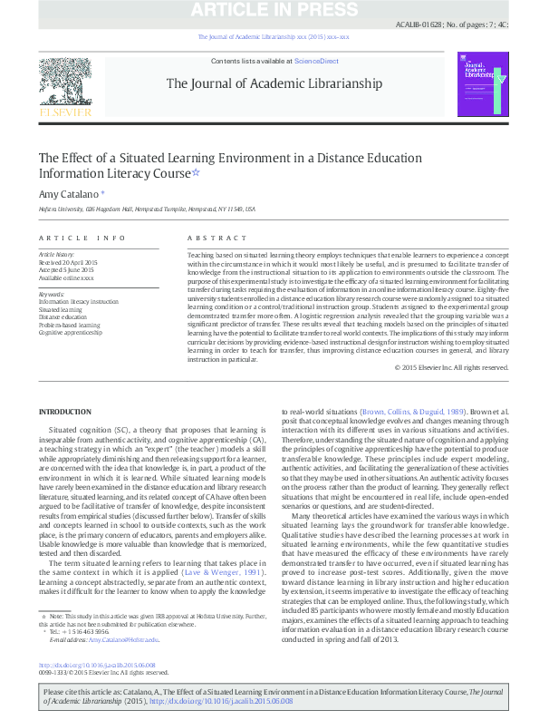 (PDF) The Effect of a Situated Learning Environment in a Distance ...