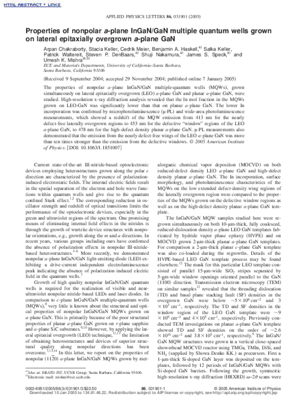 (PDF) Properties of nonpolar a-plane InGaN∕GaN multiple quantum wells ...