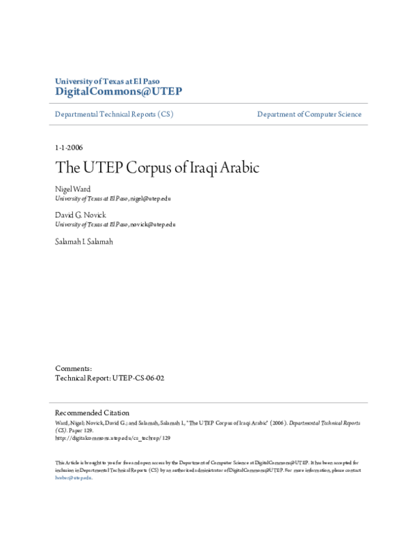 (PDF) The utep corpus of iraqi arabic