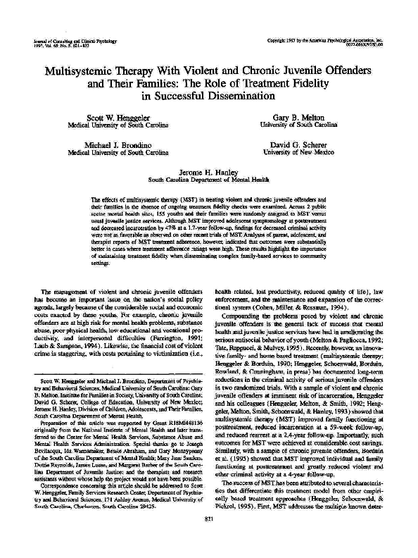 (PDF) Multisystemic therapy with violent and chronic juvenile offenders