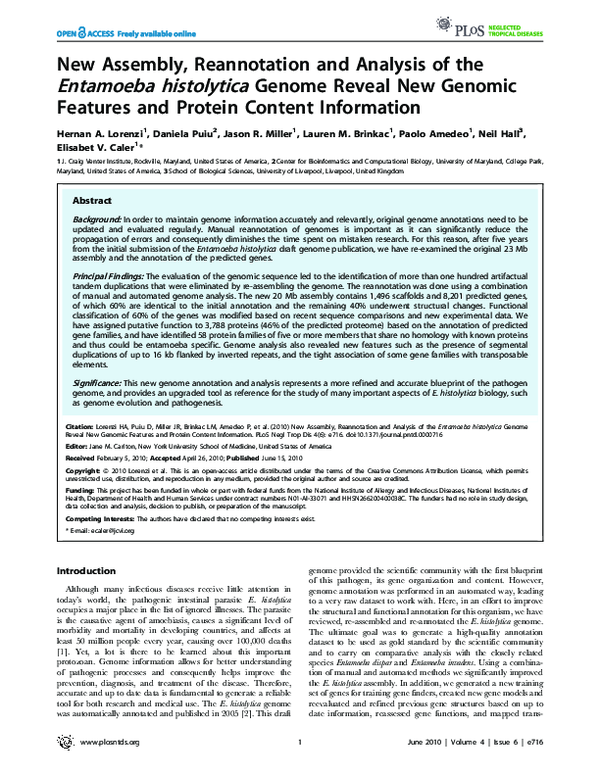 (PDF) New Assembly, Reannotation and Analysis of the Entamoeba ...