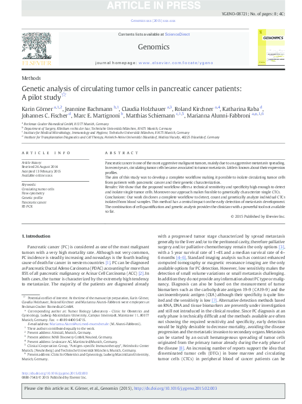 (PDF) Genetic analysis of circulating tumor cells in pancreatic cancer ...