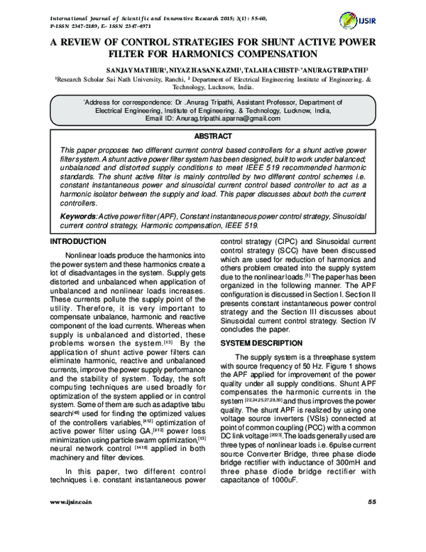(PDF) A REVIEW OF CONTROL STRATEGIES FOR SHUNT ACTIVE POWER FILTER FOR ...
