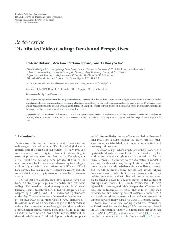 (PDF) Distributed Video Coding: Trends and Perspectives