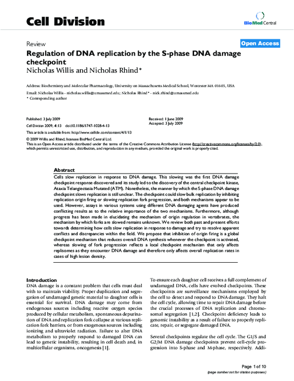 (PDF) Regulation of DNA replication by the S-phase DNA damage checkpoint