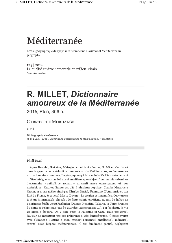 (PDF) R. MILLET, 2015, Dictionnaire amoureux de la Méditerranée, Plon