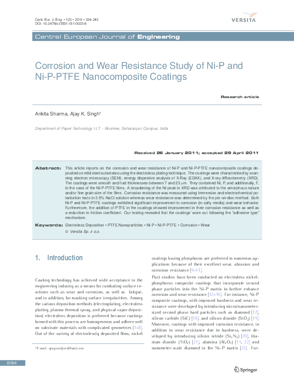 (PDF) Corrosion and wear resistance study of Ni-P and Ni-P-PTFE ...