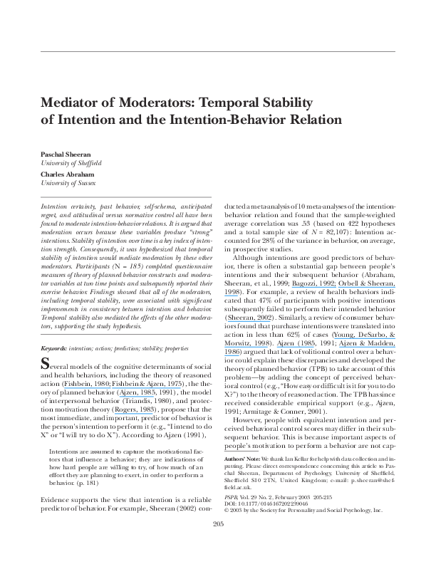 (PDF) Mediator of Moderators: Temporal Stability of Intention and the ...