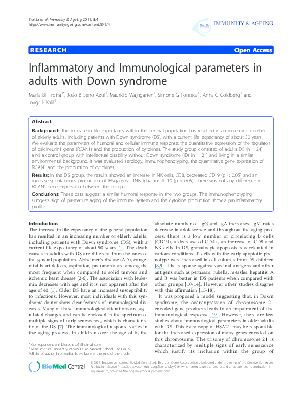 (PDF) Inflammatory and Immunological parameters in adults with Down ...