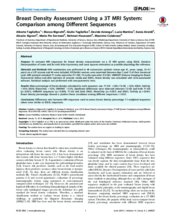 (PDF) Breast Density Assessment Using a 3T MRI System: Comparison among ...