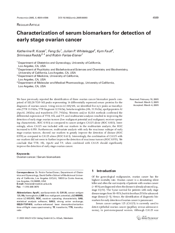 (PDF) Characterization of serum biomarkers for detection of early stage ...