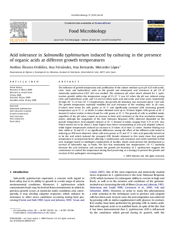 (PDF) Acid tolerance in Salmonella typhimurium induced by culturing in