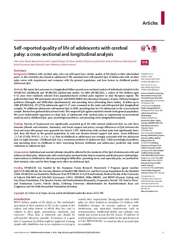 (PDF) Self-reported quality of life of adolescents with cerebral palsy ...