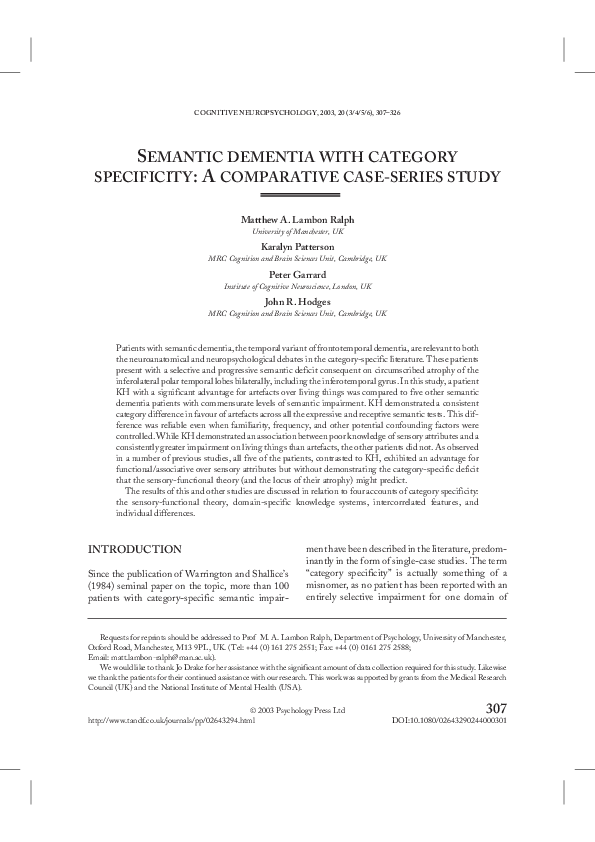 (PDF) SEMANTIC DEMENTIA WITH CATEGORY SPECIFICITY:ACOMPARATIVE CASE ...