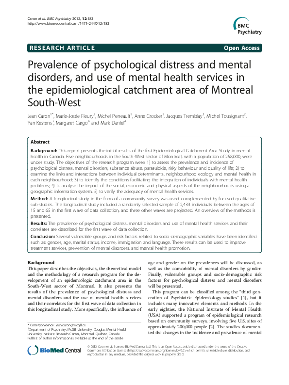 (PDF) Prevalence of psychological distress and mental disorders, and ...