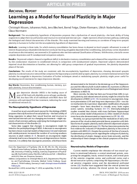(PDF) Learning as a Model for Neural Plasticity in Major Depression