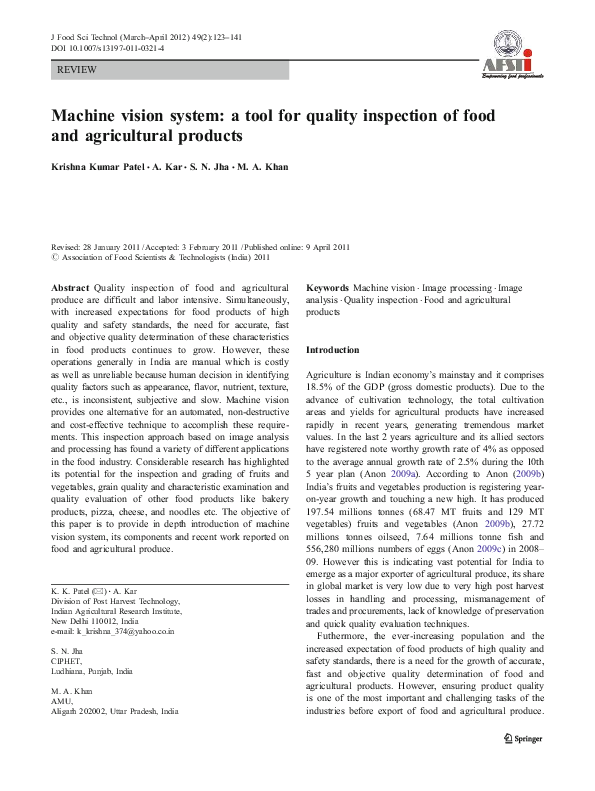 (PDF) Machine vision system a tool for quality inspection of food and