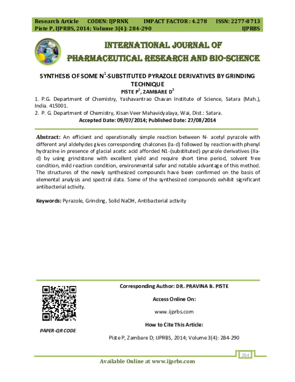 (PDF) Synthesis of Some N 1 -Substituted Pyrazole Derivatives by ...