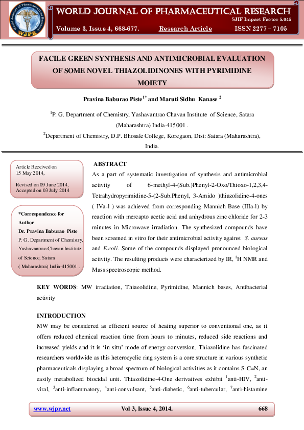 (PDF) Facile Green Synthesis and Antimicrobial Evaluation of Some Novel ...