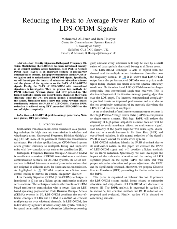 (PDF) Reducing the Peak to Average Power Ratio of LDS-OFDM signals