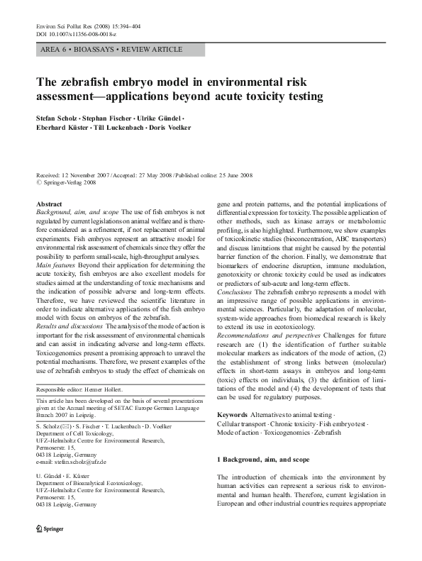 (PDF) The zebrafish embryo model in environmental risk assessment