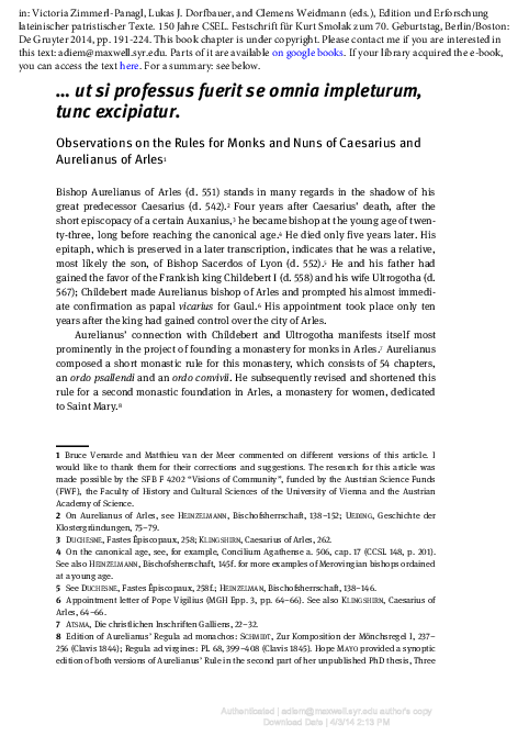 … ut si professus fuerit se omnia impleturum, tunc excipiatur. Observations on the Rules for Monks and Nuns of Caesarius and Aurelianus of Arles