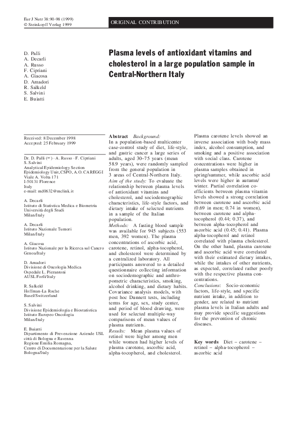 (PDF) Plasma levels of antioxidant vitamins and cholesterol in a large ...