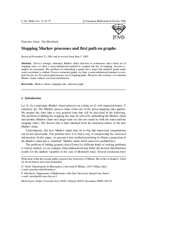 (PDF) Stopping Markov processes and first path on graphs