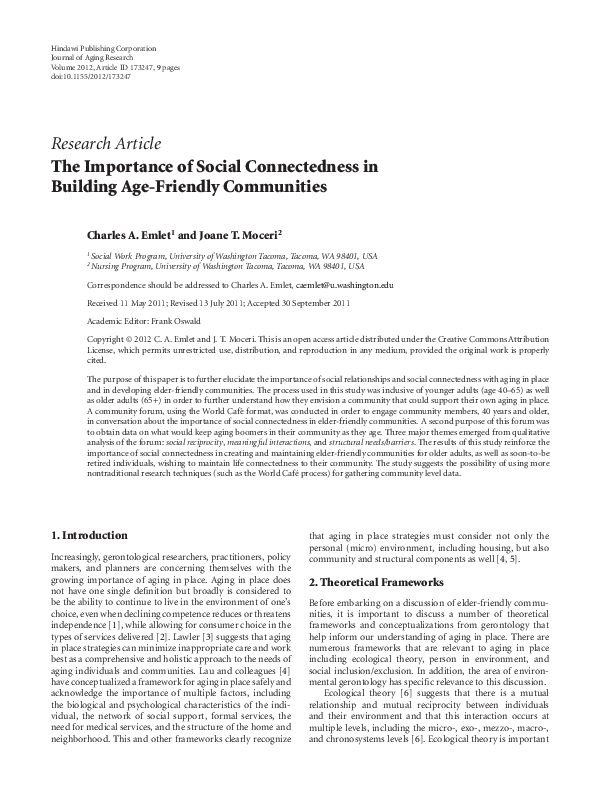 (PDF) The Importance of Social Connectedness in Building Age-Friendly ...