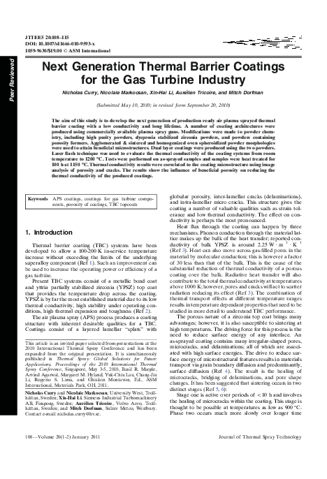 (PDF) Next Generation Thermal Barrier Coatings for the Gas Turbine Industry