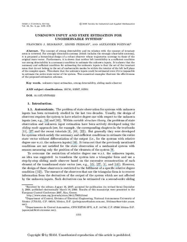(PDF) Unknown Input and State Estimation for Unobservable Systems