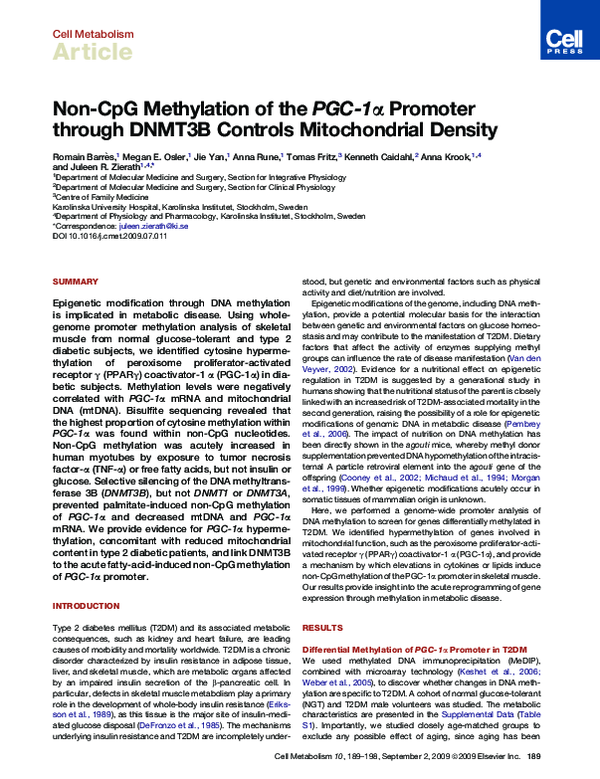 (PDF) Non-CpG Methylation of the PGC-1α Promoter through DNMT3B ...