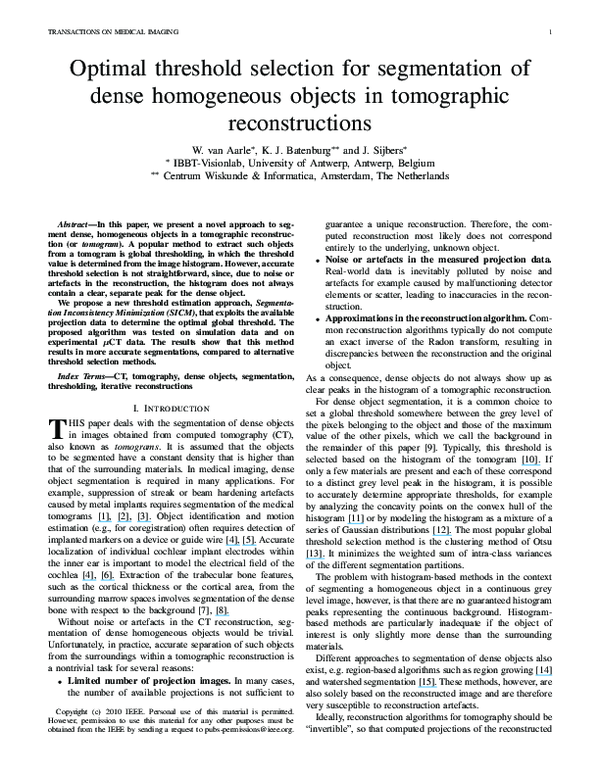 (PDF) Optimal Threshold Selection for Segmentation of Dense Homogeneous ...