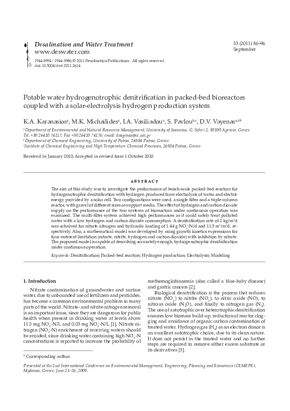 (PDF) Potable water hydrogenotrophic denitrification in packed-bed ...