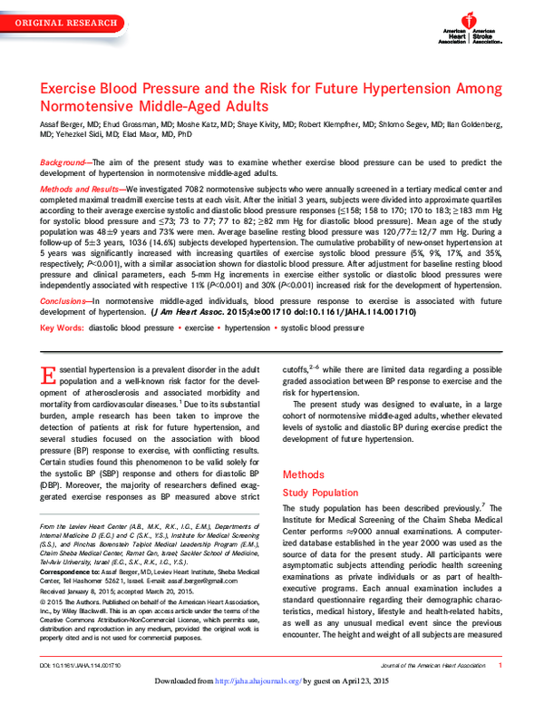 (PDF) Exercise blood pressure and the risk for future hypertension ...