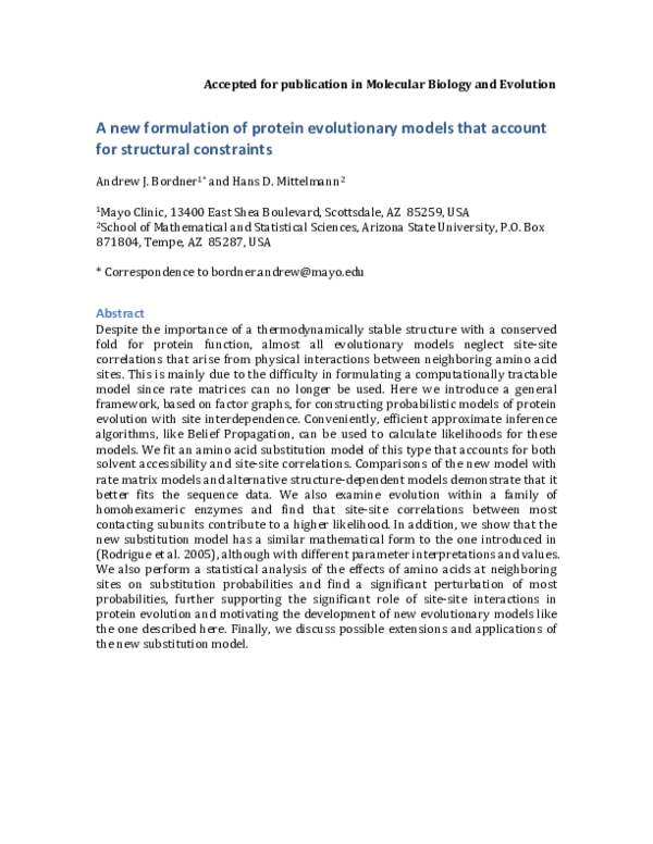 (PDF) A New Formulation of Protein Evolutionary Models that Account for ...