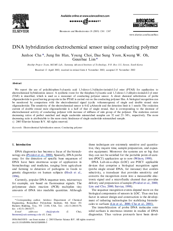 (PDF) DNA hybridization electrochemical sensor using conducting polymer