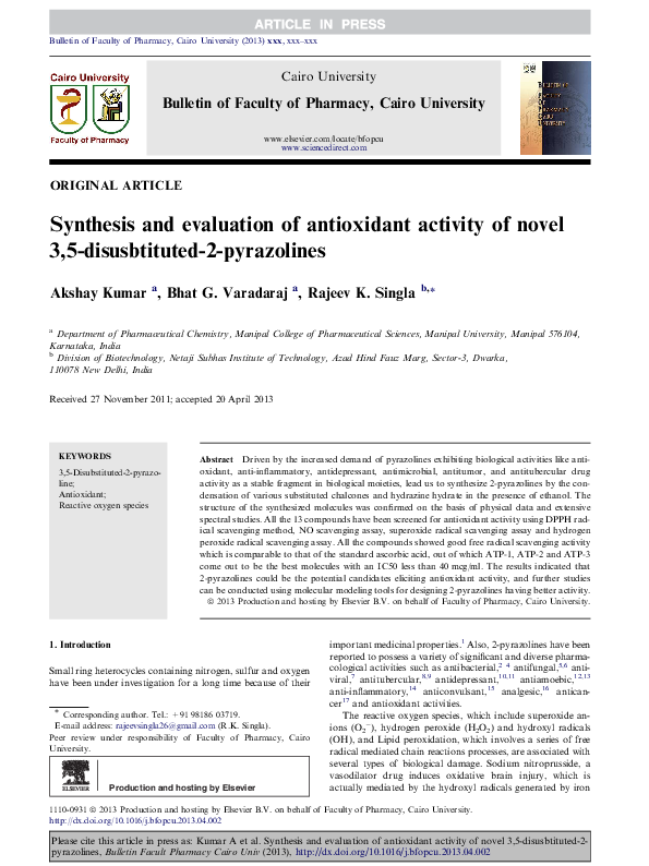 (PDF) Synthesis and evaluation of antioxidant activity of new quinoline ...