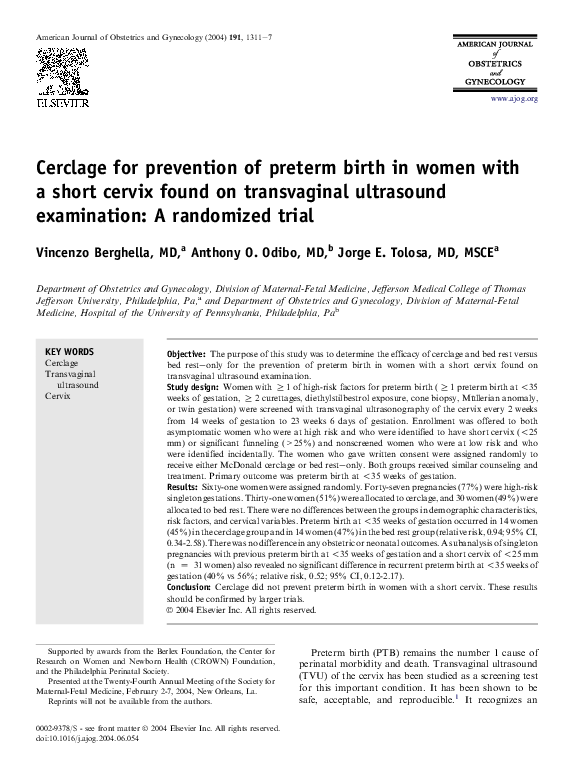 (PDF) Cerclage for prevention of preterm birth in women with a short cervix found on