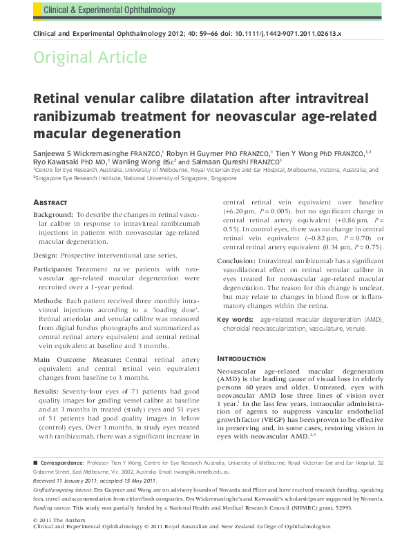 (PDF) Retinal venular calibre dilatation after intravitreal ranibizumab ...