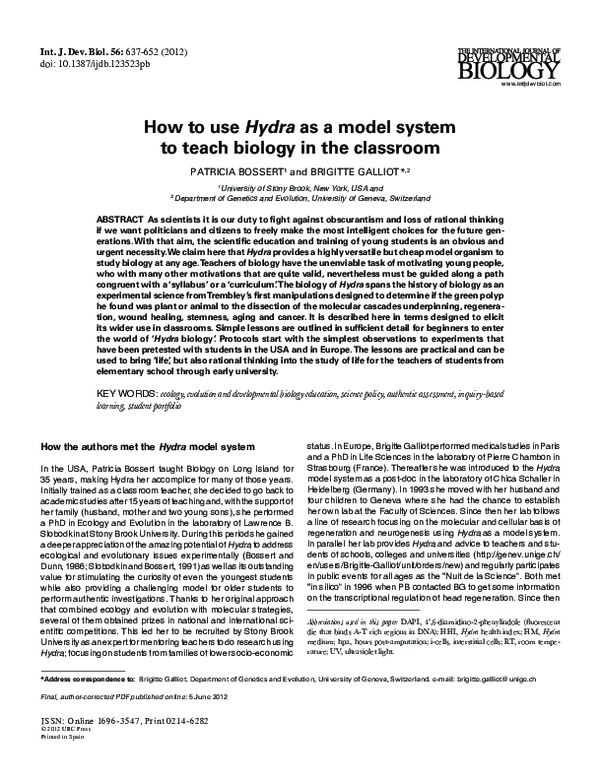 (PDF) How to use Hydra as a model system to teach biology in the classroom
