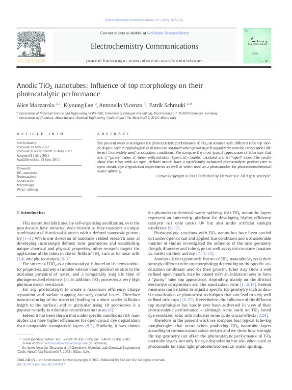 (PDF) Anodic TiO2 nanotubes: Influence of top morphology on their ...