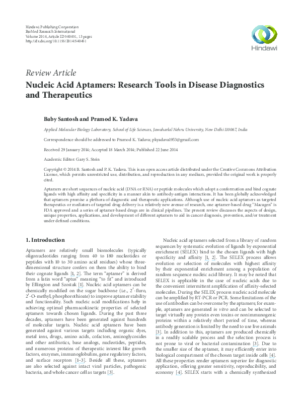 (PDF) Nucleic acid aptamers: research tools in disease diagnostics and ...