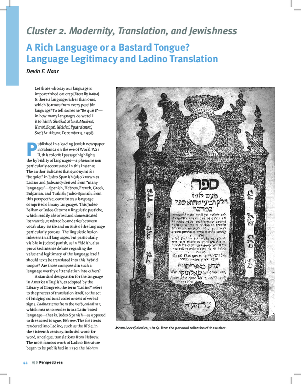 (PDF) A Rich Language or a Bastard Tongue? Language Legitimacy and Ladino Translation Devin