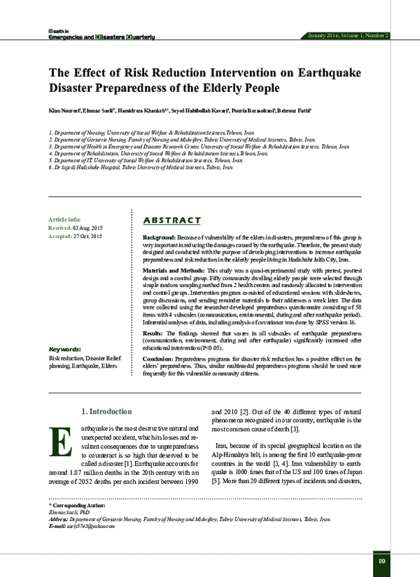 (PDF) The Effect of Risk Reduction Intervention on Earthquake Disaster ...