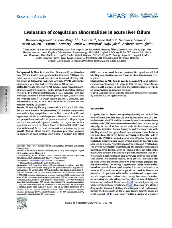 (PDF) Evaluation of coagulation abnormalities in acute liver failure