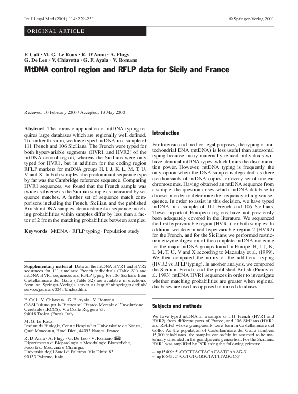 (PDF) MtDNA control region and RFLP data for Sicily and France