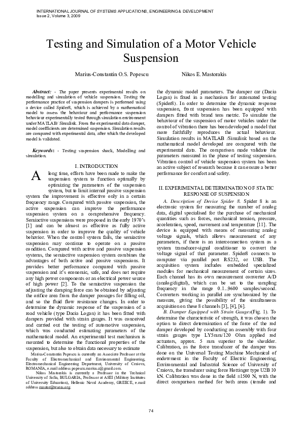 Pdf Testing And Simulation Of A Motor Vehicle Suspension