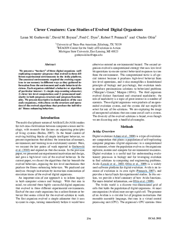 (PDF) Clever Creatures: Case Studies of Evolved Digital Organisms